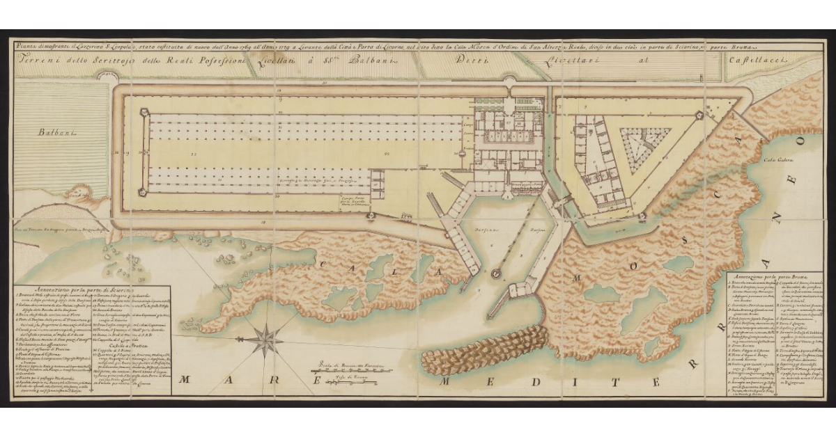 Pianta dimostrante il lazzaretto di S. Leopoldo, stato costruito di nuovo, dall'anno 1796 all'anno 1799, a levante della città e porto di Livorno, nel sito detto la Casa Mosca d'ordine di S. A. R. diviso in due cioè in parte di Sciorino e in parte Brutta