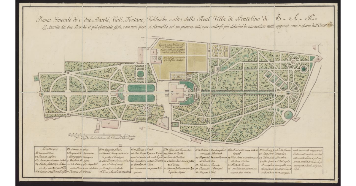 Pianta generale dei due Barchi, viali, fontane, fabbriche e altro della real villa di Pratolino di S. A. R