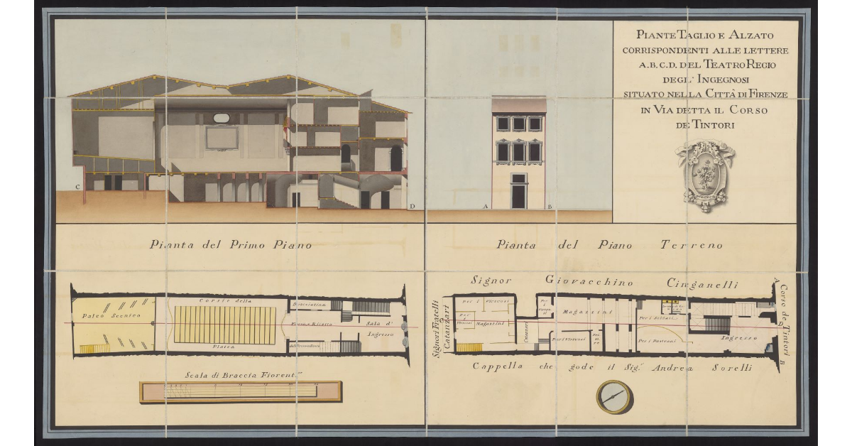 Piante, taglio e alzato corrispondenti alle lettere A-B-C-D del Teatro Regio degl'Ingegnosi situato nella città di Firenze, in via detta il corso dei Tintori