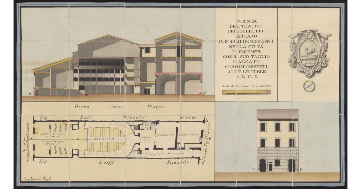 Pianta del Teatro dei Solleciti situato in Borgo Ognissanti, nella città di Firenze, con il suo taglio e alzato corrispondente alle lettere A - B - C - D