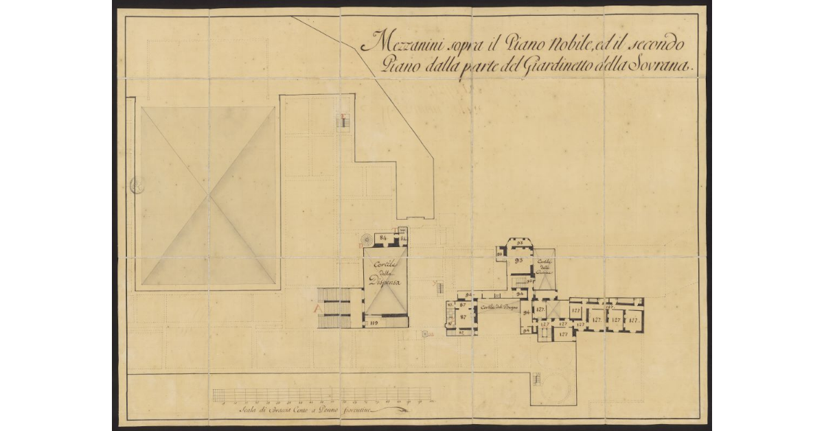 Mezzanini sopra il piano nobile ed il secondo piano dalla parte del giardino della Sovran [a Palazzo Pitti di Firenze]
