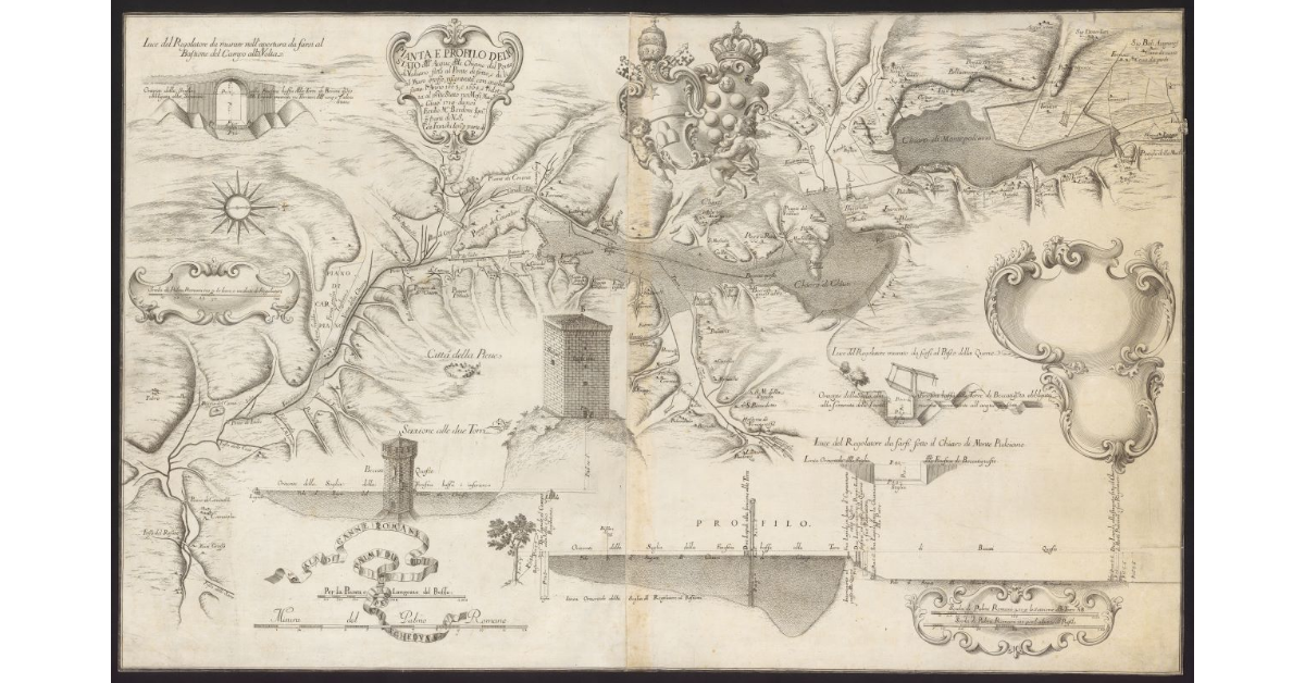 Pianta e profilo dello stato dell'acque delle Chiane dal ponte di Valiano fino al ponte di Sotto e, di lì, al Muro grosso, riscontrata con quella fatta l'anno 1663 e 1664 e ridotta al presente stato nei mesi maggio e giugno 1719 da noi Egidio M. Bordoni, Ing. per parte di N. S. e Giovanni Franchi, Ing. per parte di S. A. R