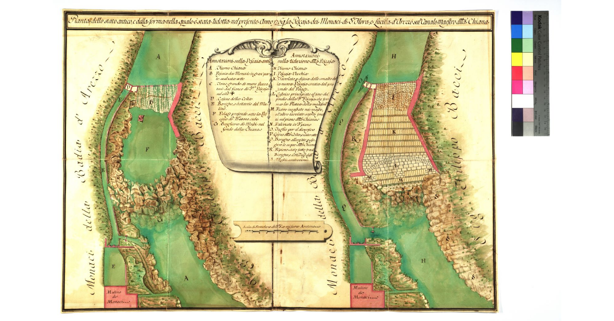Pianta dello stato antico e della forma nella quale è stata ridotta nel presente anno 1769 la Pescaia dei Monaci di Santa Flora e Lucilla di Arezzo sul Canale Maestro della Chiana