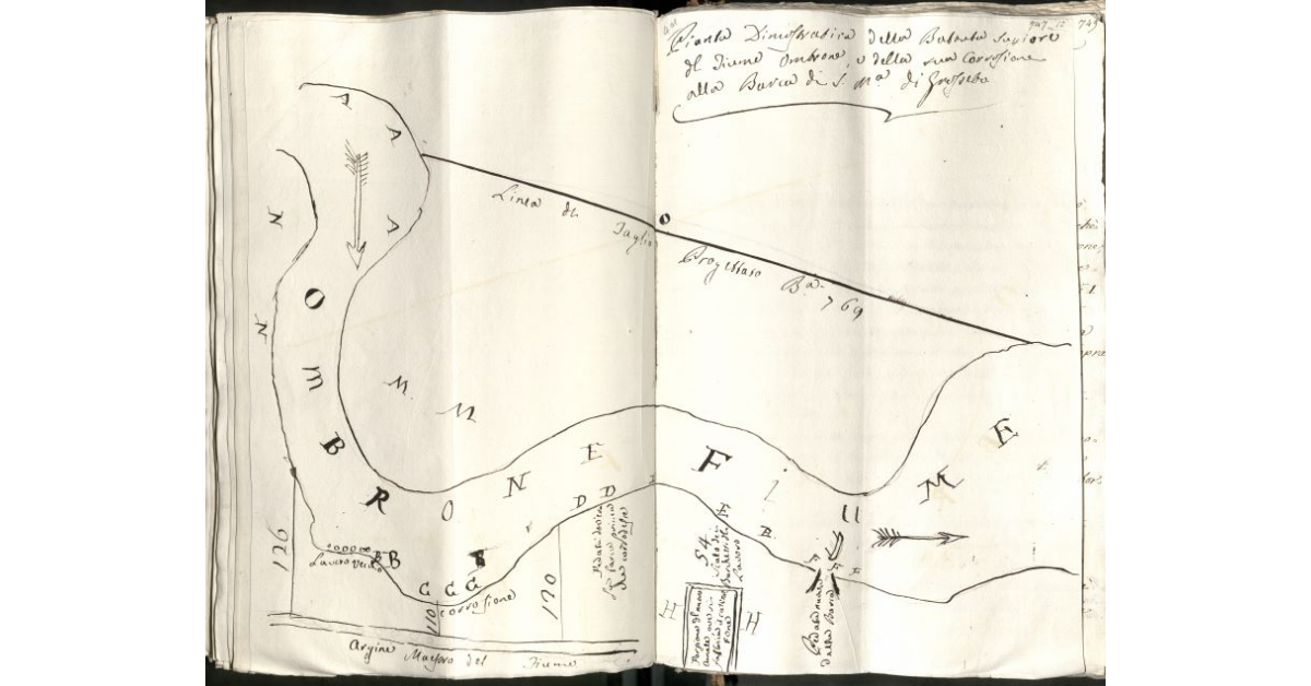 Pianta dimostrativa della Battuta Superiore del Fiume Ombrone, e della sua corrosione alla Barca di S. M[aria] di Grosseto