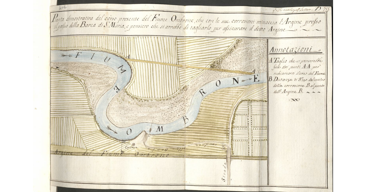 Pianta dimostrativa del corso presente del Fiume Ombrone, che con le sue corrosioni minaccia l'argine presso il passo della Barca di S. Maria, e pensiero che si avrebbe di tagliarlo per assicurare il detto argine