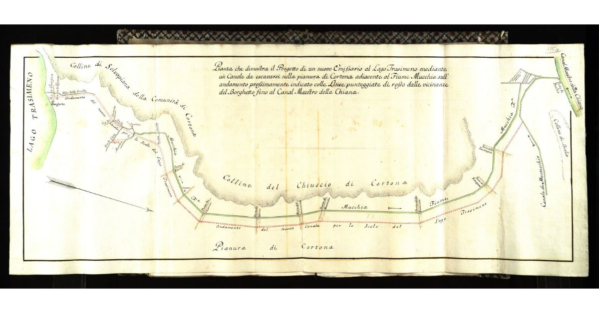 Pianta che dimostra il Progetto di un nuovo emissario al Lago Trasimeno mediante un Canale da escavarsi nella Pianura di Cortona adiacente al Fiume Mucchia sull'andamento prossimamente indicato colle linee punteggiate di rosso dalle vicinanze del Borghetto fino al Canale Maestro della Chiana