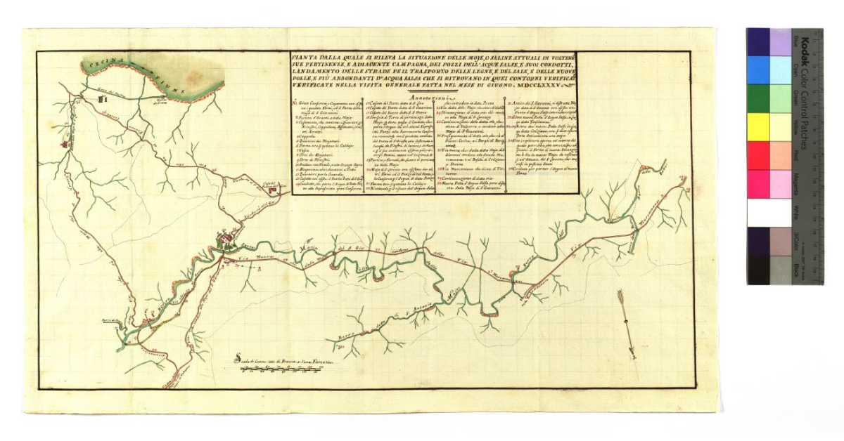 Pianta dalla quale si rileva la situazione delle Moje o saline attuali di Volterra, sue pertinenze e adiacente campagna, dei pozzi dell'acque salse e suoi condotti […] fatta nel mese di giugno 1785