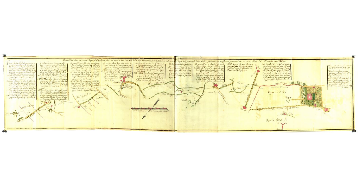 Pianta del condotto che porta l'acqua al regolatoio, ch'è nel muro de Vivaj dell'I. Villa della Petraia di S.M.I. dove si prende una parte di dett'acqua per servizio di detta villa giardini e suoi annessi, e il restante va all'altra villa di Castello