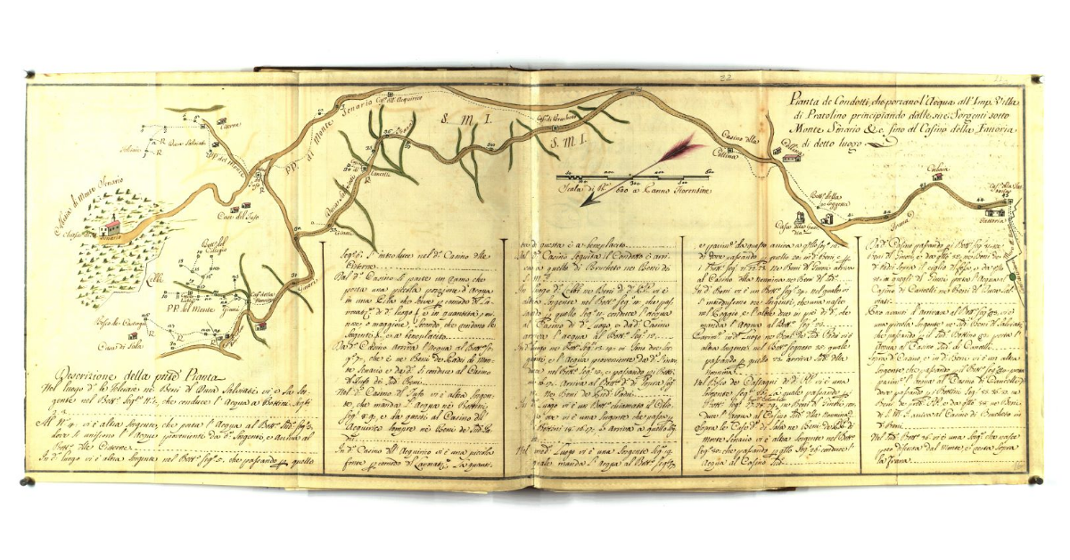 Pianta de condotti che portano l'acqua all'Imp. Villa di Pratolino principiando dalle sue sorgenti sotto Monte Senario ecc. fino al Casino della Fattoria di detto luogo
