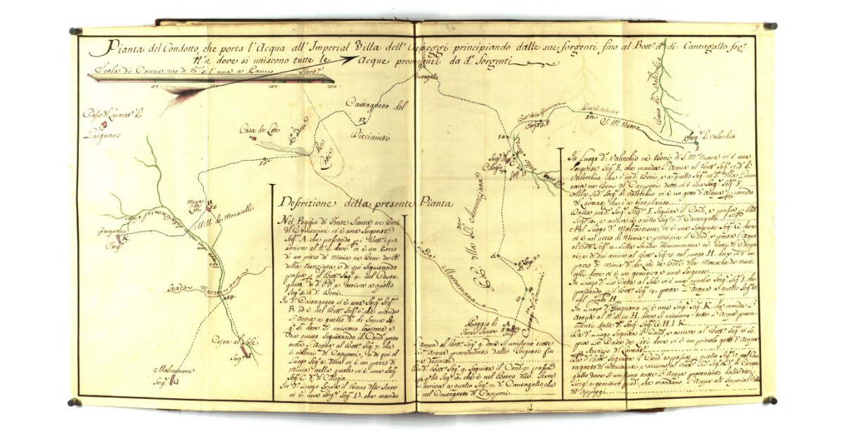 Pianta del condotto che porta l'acqua all'Imp. Villa dell'Appeggi principiando dalle sue sorgenti fino al Bott.o detto di Cantagallo [...]