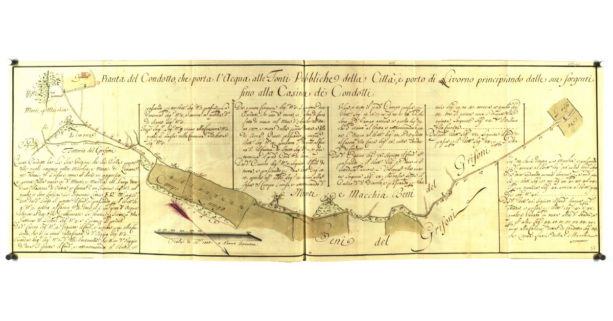 Pianta del condotto che porta l'acqua alle fonti pubbliche della Città e Porto di Livorno proncipiando dalle sue sorgenti fino alla Casina de Condotti