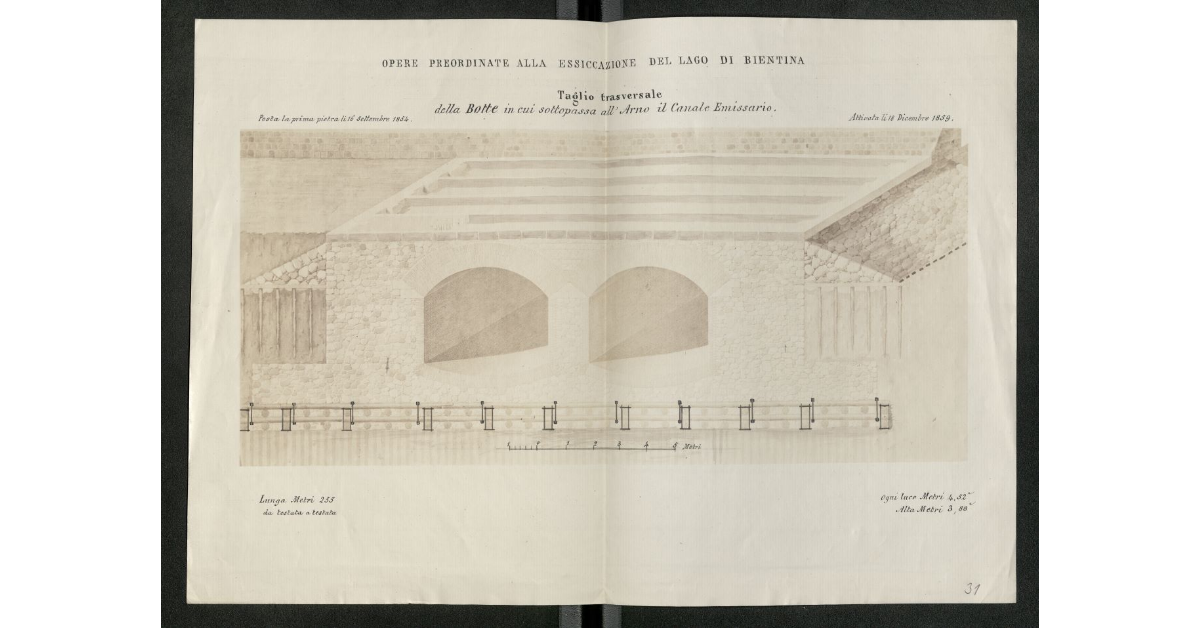 Opere preordinate alla essiccazione del Lago di Bientina. Taglio trasversale della Botte in cui sottopassa all'Arno il Canale Emissario. Posta la prima pietra li 16 settembre 1854. Attivata li 18 dicembre 1859