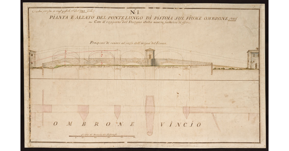 N.o 1 Pianta e alzato del Pontelungo di Pistoia sul Fiume Ombrone 1746 con il Rapporto del Disegno della nuova Fabbrica di esso