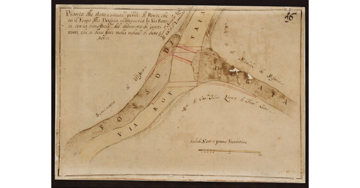 Pianta della situazione presente del Ponte che su il Fosso della Dogaia, vi attraversa la Via Bottaia con la dimostrazione dal delineato di punti rossi, che si deve fare nella redazione di detto Ponte