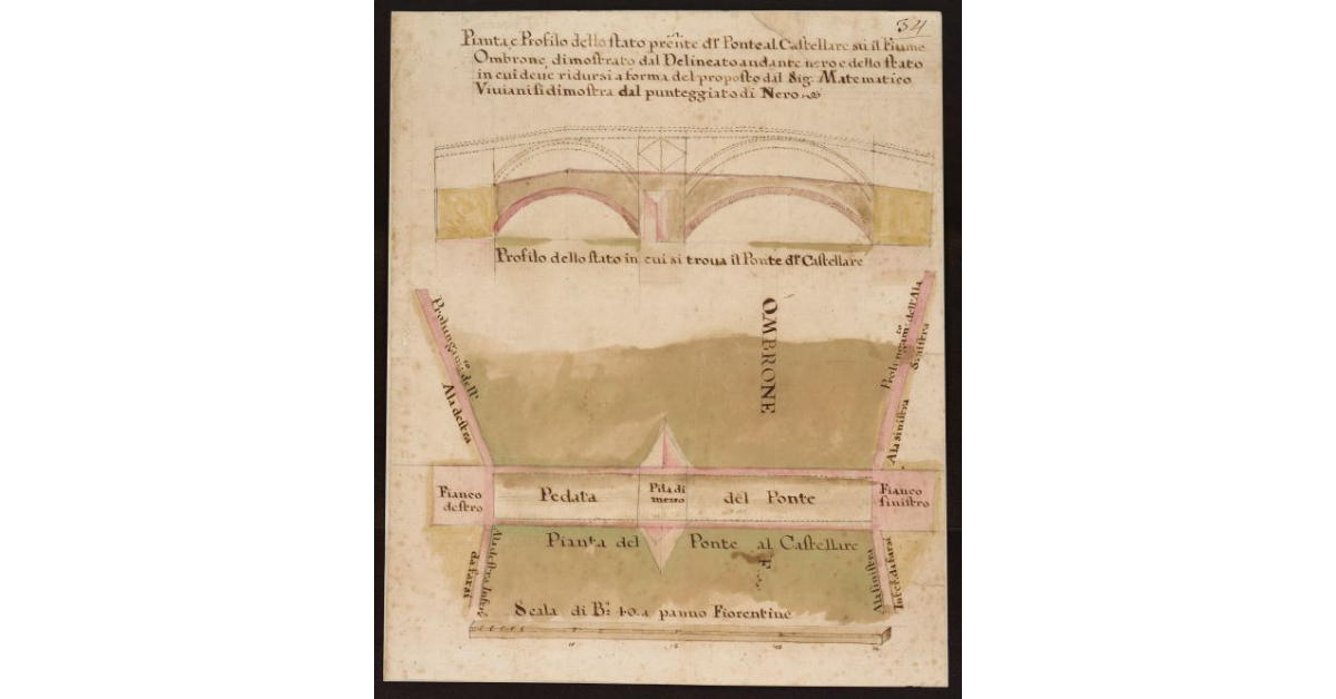 Pianta e profilo dello stato presente del Ponte al Castellare su il Fiume Ombrone, dimostrato dal delineato andante nero e dello stato in cui deve ridursi a forma del proposto dal Sig. Matematico Viviani si dimostra dal punteggiato di nero