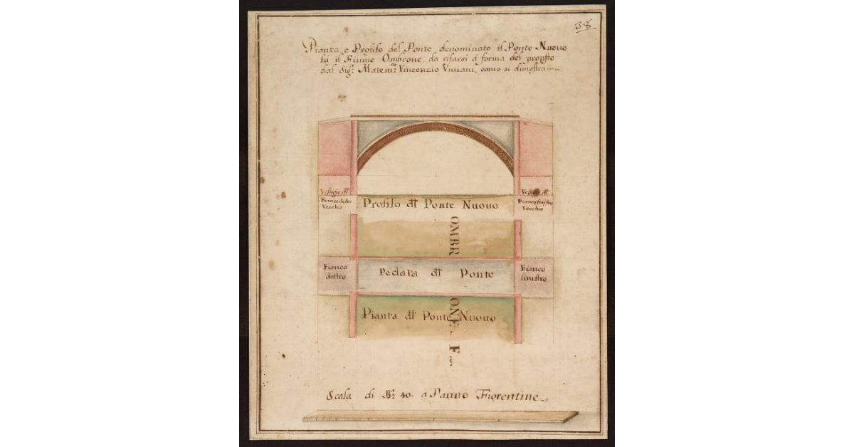 Pianta e profilo del Ponte denominato il Ponte Nuovo su il Fiume Ombrone, da rifarsi a forma del proposto dal Sig. Matematico Vincenzio Viviani, come si dimostra
