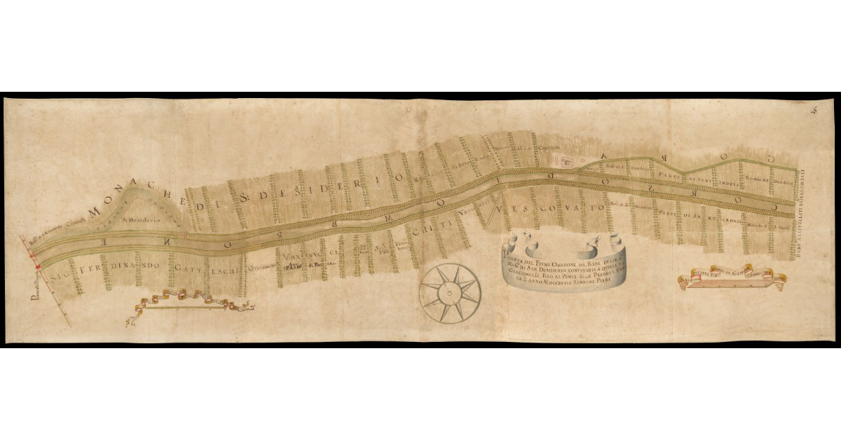 Pianta del Fiume Ombrone da beni delle Rev.de Mon.e di San Desiderio confinanti a quelli de Giacomelli, fino al Ponte alla Pergola, fatta l'anno MDCCXX da Sansone Pieri