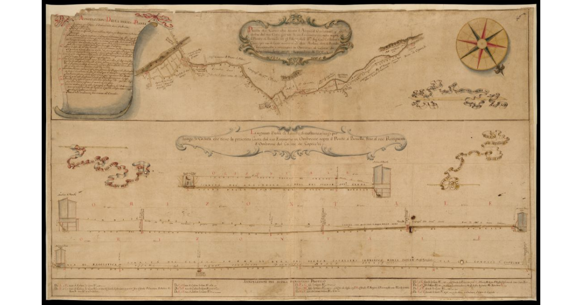 Pianta del corso che fanno l'acque d'Ombrone per destra del suo corso per via di un Emissario murato sopra il Ponte di Bonelle, tra gl'effetti dell'Ill.mo Sig.r Cav.re Cristofano Centi, e per via di Gora scorrono alli due Mulini detti di Bonelle, e Trincamosto, e ritornano in Ombrone, al casone de Capecchi, fatta ne dieci Settembre MDCCX