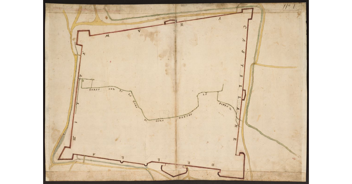 [Pianta delle mura castellane della città di Pistoia con il corso della gora]