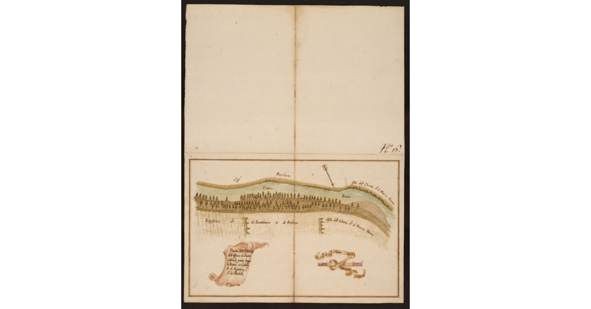 Pianta dell'Albereta dell'Offizio de Fiumi e Strade, posta lungo la Brana, in Comune di S. Agostino l.o d.o la Cittadella