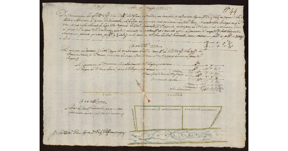 [Pianta di un terreno lungo l'Ombrone Nuovo nel Comune della Badia a Pacciano]