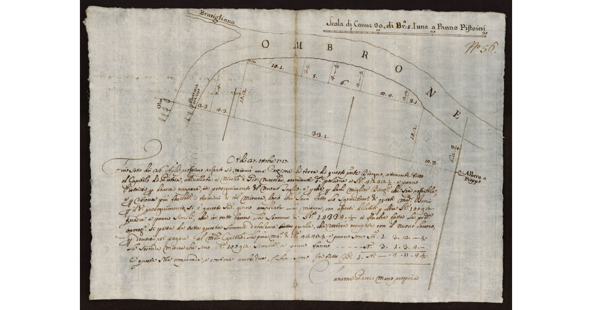 [Pianta dell'Ombrone Vecchio con progetto del Nuovo alla confluenza del Rio Brusigliano nel Pistoiese nei terreni del Capitolo di Pistoia]