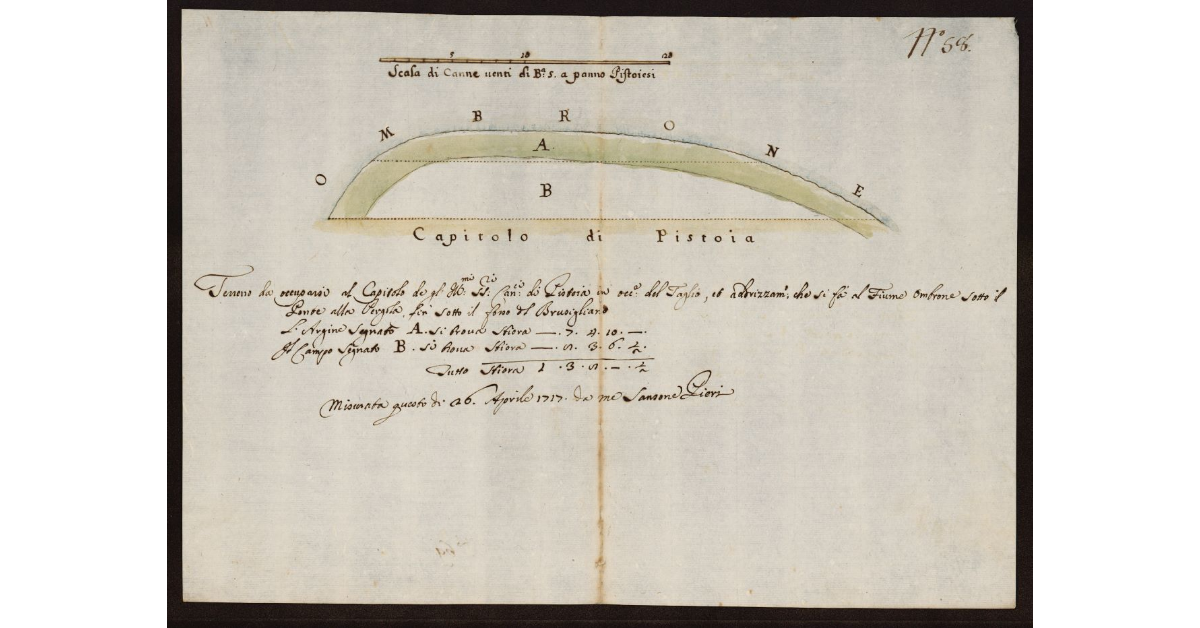 [Pianta dell'Ombrone Vecchio e del terreno del Capitolo di Pistoia tra Ponte alla Pergola e il Rio Brusigliano da occuparsi per realizzare il nuovo fiume]