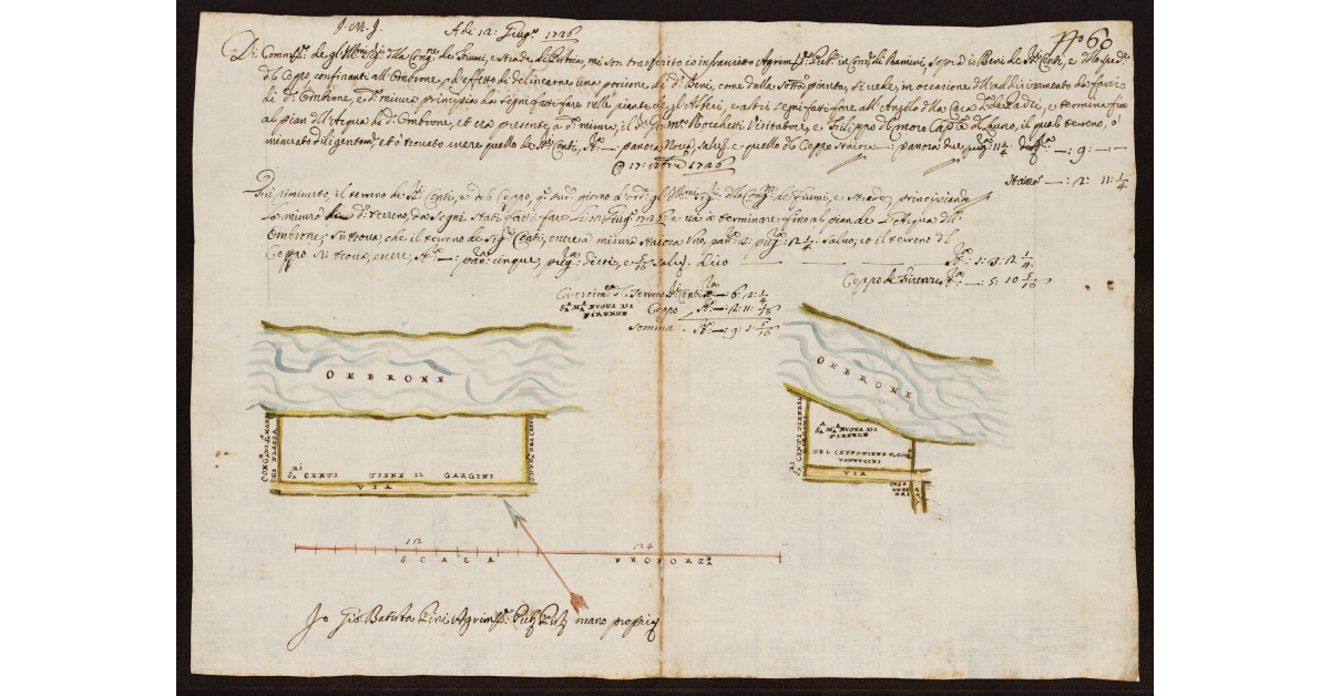 [Pianta dell'Ombrone Nuovo nel Pistoiese nei terreni di proprietà Centi e Santa Maria Nuova di Firenze]