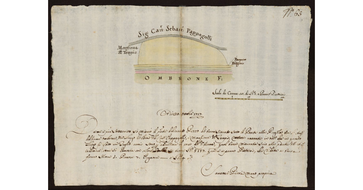 [Pianta dell'Ombrone Nuovo nel Pistoiese nei terreni di proprietà del Cavalier Pappagalli e della Mansione del Tempio sotto il Ponte alla Pergola]