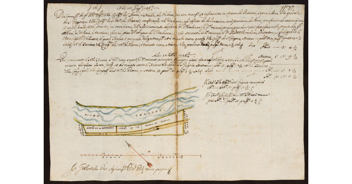 [Pianta dell'Ombrone Nuovo nel Pistoiese nei terreni dell'Ospedale di San Gregorio e della Congregazione di Santa Maria di Piazza di Pistoia posti nel Comune di Ramini]