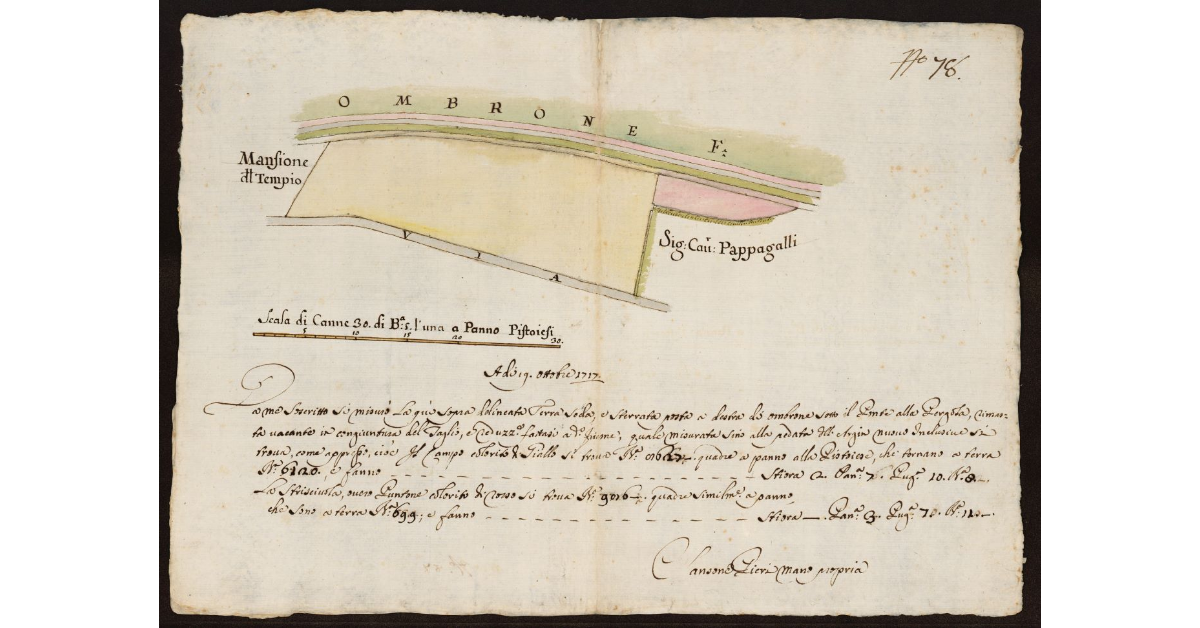 [Pianta dell'Ombrone Nuovo nel Pistoiese con i terreni vacanti acquistati dall'Uffizio con il taglio del fiume nell'area del Ponte alla Pergola]