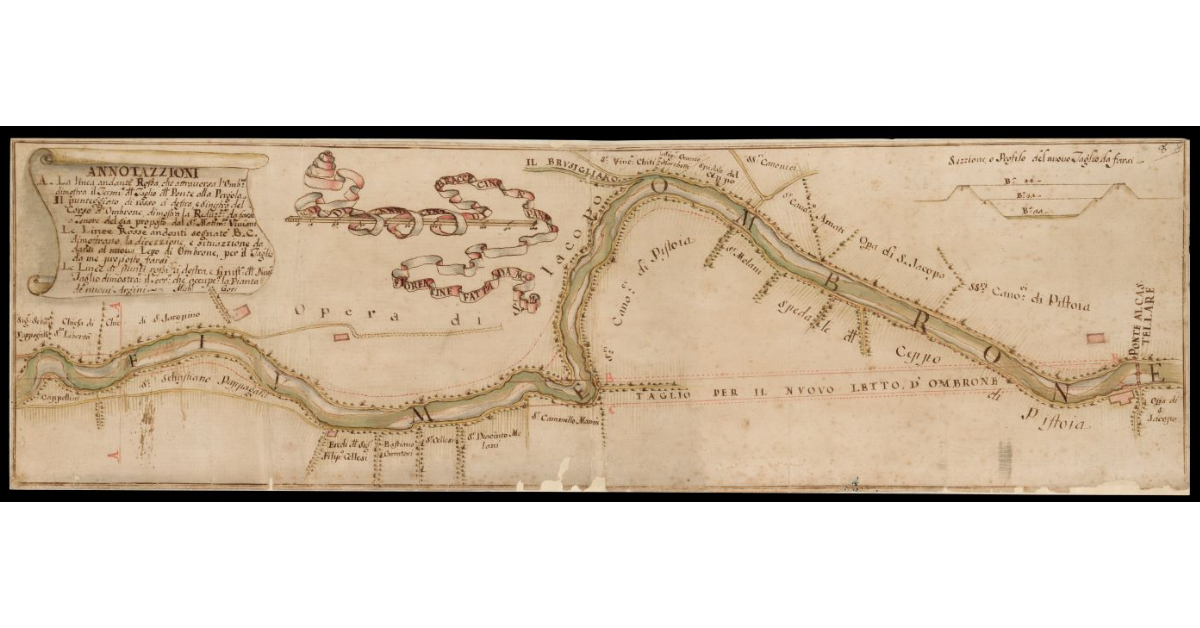 [Pianta del Fiume Ombrone con progetto del Taglio deciso dal matematico Vincenzo Viviani e da Michele Gori nell'area tra il Ponte alla Pergola e il Ponte al Castellare]
