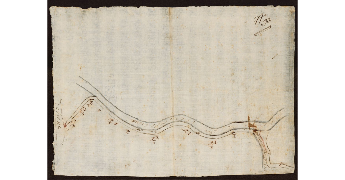 [Disegno schematico di un tratto del Fiume Brana appaiato da una strada in prossimità dell'Ombrone nel Pistoiese]