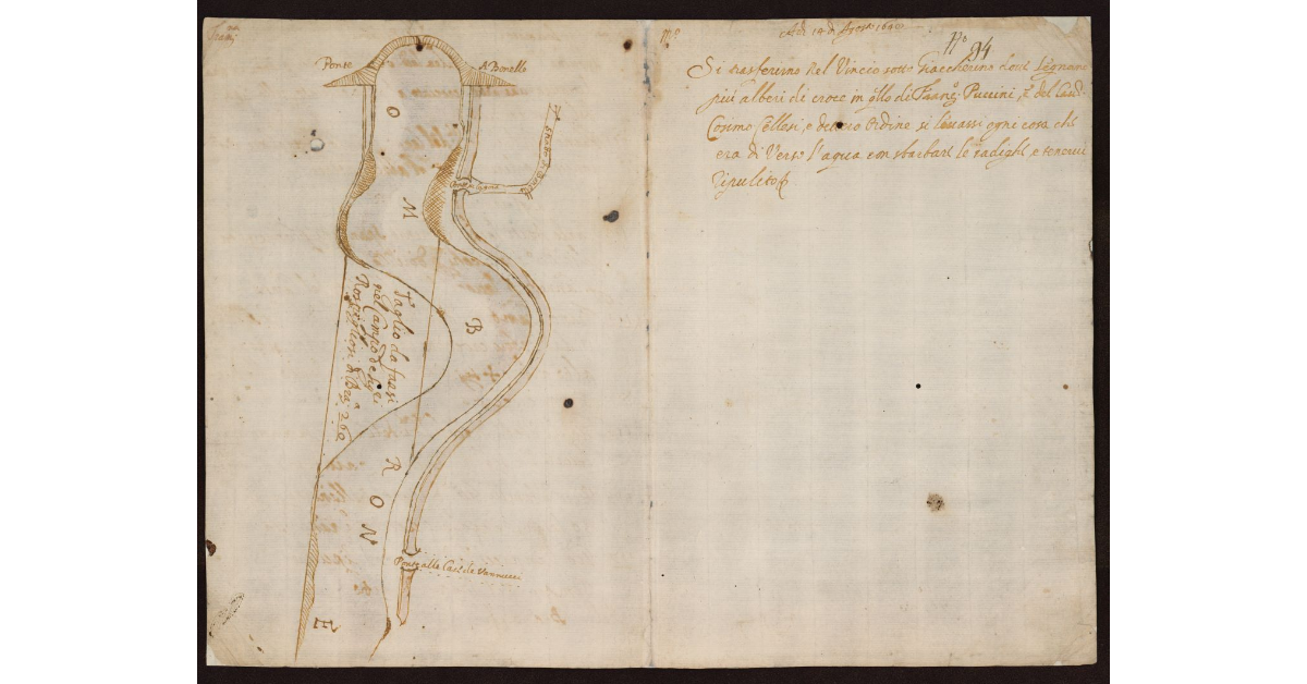 [Disegno con progetto di taglio o raddrizzamento d'Ombrone sotto Ponte a Bonelle nel Pistoiese]