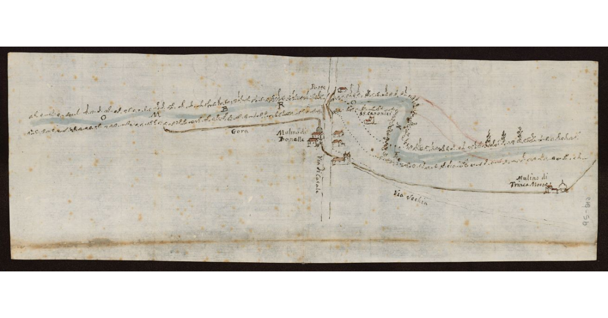 [Pianta del fiume Ombrone a Bonelle con la gora dei mulini di Bonelle e Trincamosto nel Pistoiese]