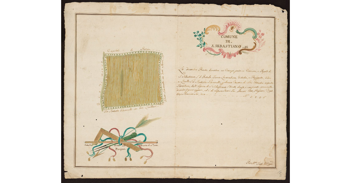 [Pianta di un] campo posto nel Comune e Popolo di S. Sebastiano l. d. Pratale terra lavorativa, vitata e pioppata, tiene a livello Gio. Batista Giacomelli, per annuo canone di lire ottanta moneta Fiorentina, dall'Opera di S. Sebastiano