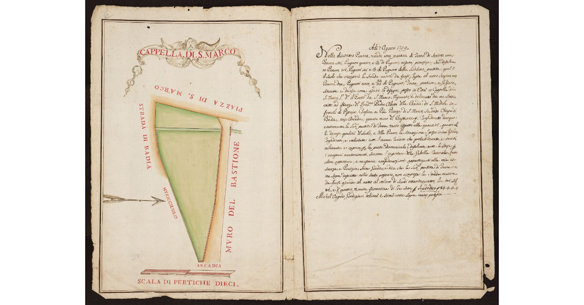 [Pianta di un pezzo di terra posto a Pistoia nella Cappella di san Marco in luogo detto Il Prato di San Marco]