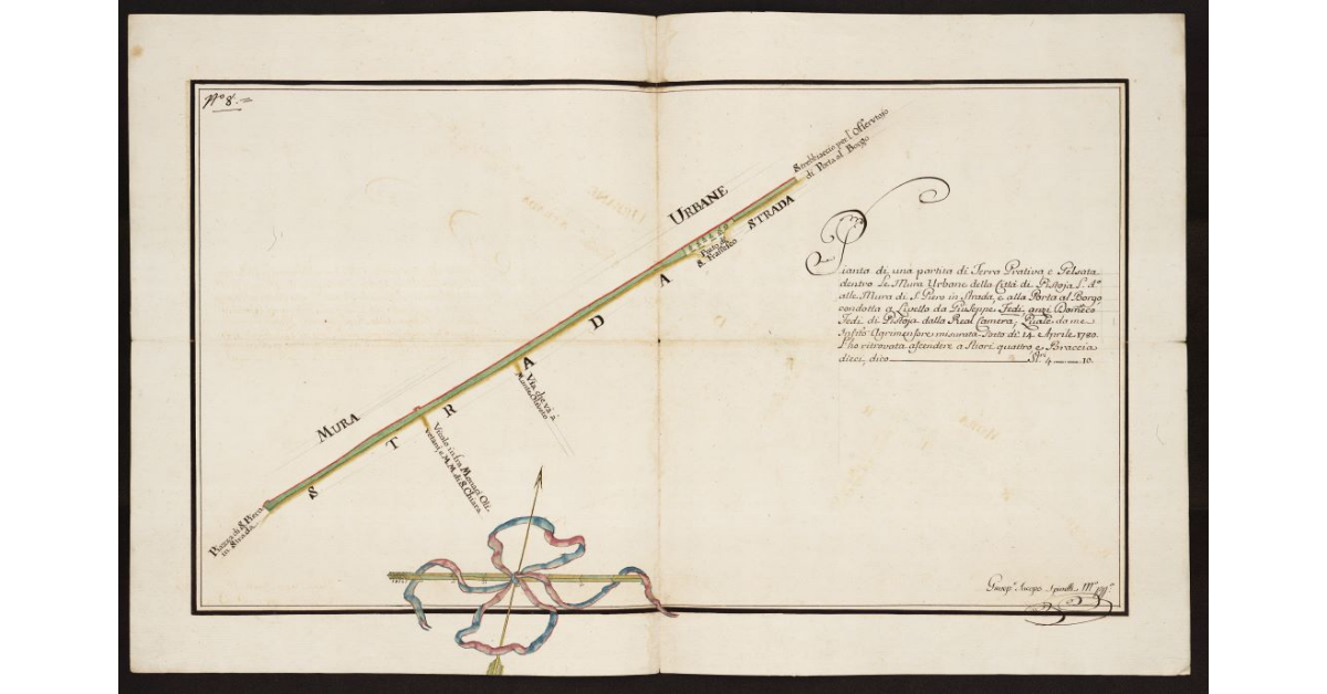 Pianta di una partita di terra prativa e gelsata dentro le mura urbane della Città di Pistoia l.o d.o alle Mura di S. Piero in Strada e alla Porta al Borgo