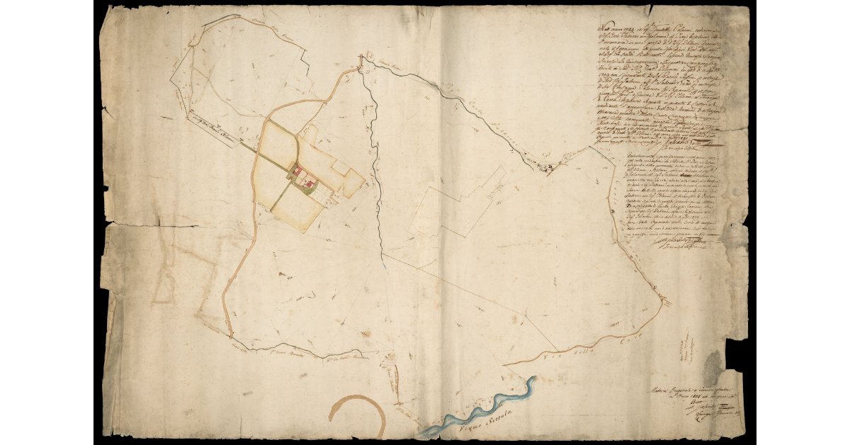 [Pianta di terreni di proprietà Tolomei e Fabbroni nell'area fra il Rio Settala, e le vie Cava e della Fornace nel Pistoiese]