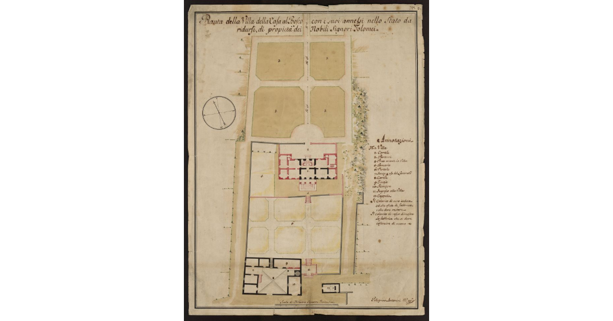 Pianta della Villa della Casa al Bosco con i suoi annessi nello stato da ridursi, di proprietà dei Nobili Signori Tolomei