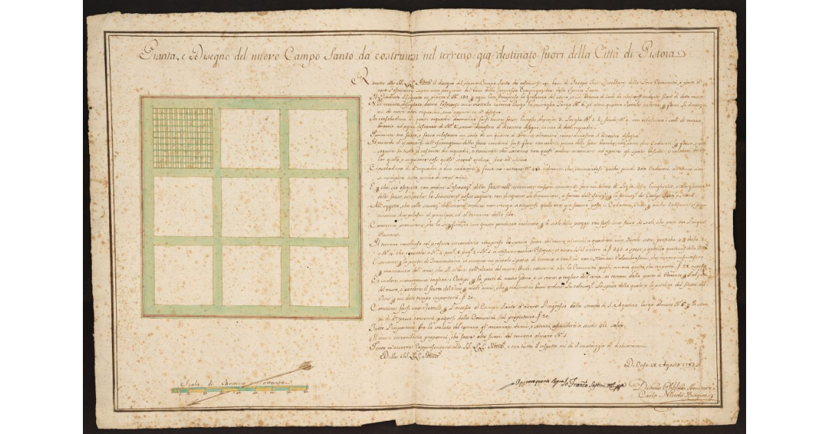 Pianta e disegno del nuovo Campo Santo da costruirsi nel terreno già destinato fuori della Città di Pistoia