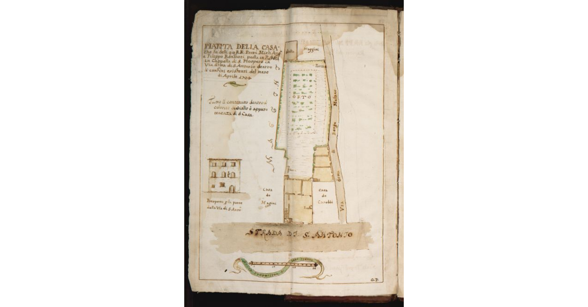 Pianta della casa che fu delli q.q. R.R. Preti Michelangelo e Filippo Bonfanti, posta in Pistoia in Cappella di S. Prospero in via detta di S. Antonio dentro li confini esistenti del mese di Aprile 1704