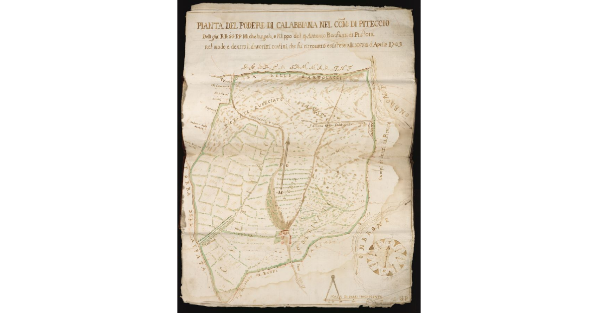 Pianta del Podere di Calabbiana nel Comune di Piteccio delli già R.R. S.S. P.P. Michelangelo e Filippo del q. Antonio Bonfanti di Pistoia nel modo e dentro li descritti confini, che fu ritrovato esistere alli XXVII d'Aprile 1703