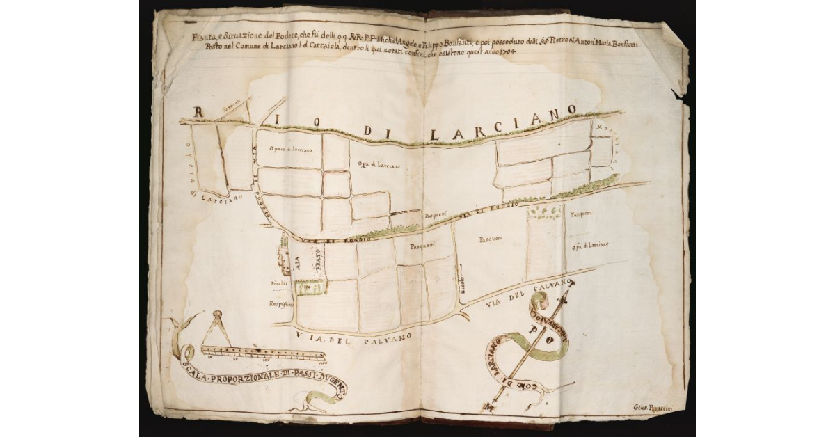 Pianta e situazione del Podere, che fu delli q.q. R.R. P.P. Michelangelo e Filippo Bonfanti, e poi posseduto dalli S.S. e Anton Maria Bonfanti posto nel Comune di Larciano l. d. Carraiola, dentro li qui notati confini, che esistono quest'anno 1704
