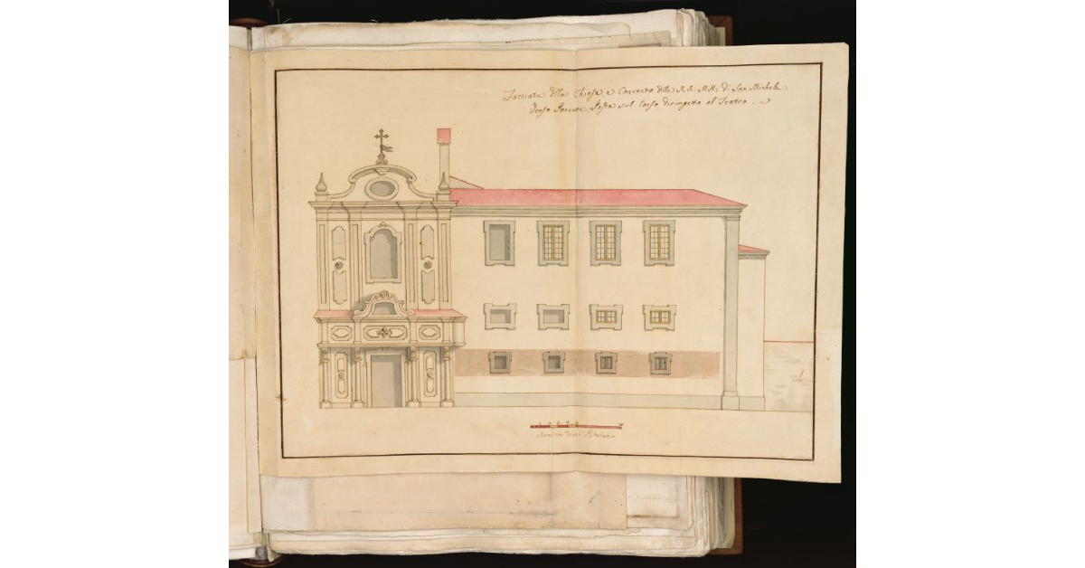 Facciata della Chiesa, e Convento delle RR. MM. di San Michele verso Ponente, posta sul Corso dirimpetto al Teatro