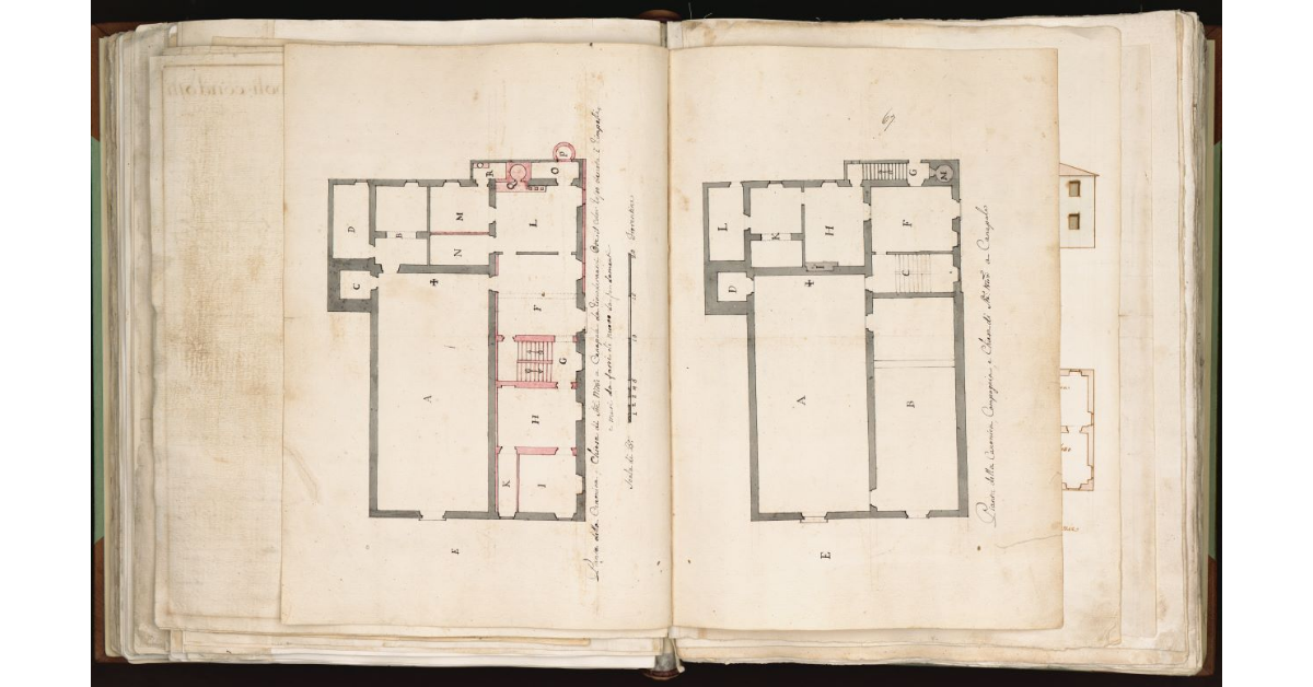 Pianta della canonica, compagnia e chiesa di Santa Maria a Canapale [e] Pianta della canonica e chiesa di Santa Maria a Canapale da rimodernarsi ove il color rosso denota i rimpetti e muri da farsi di nuovo da fondamenti
