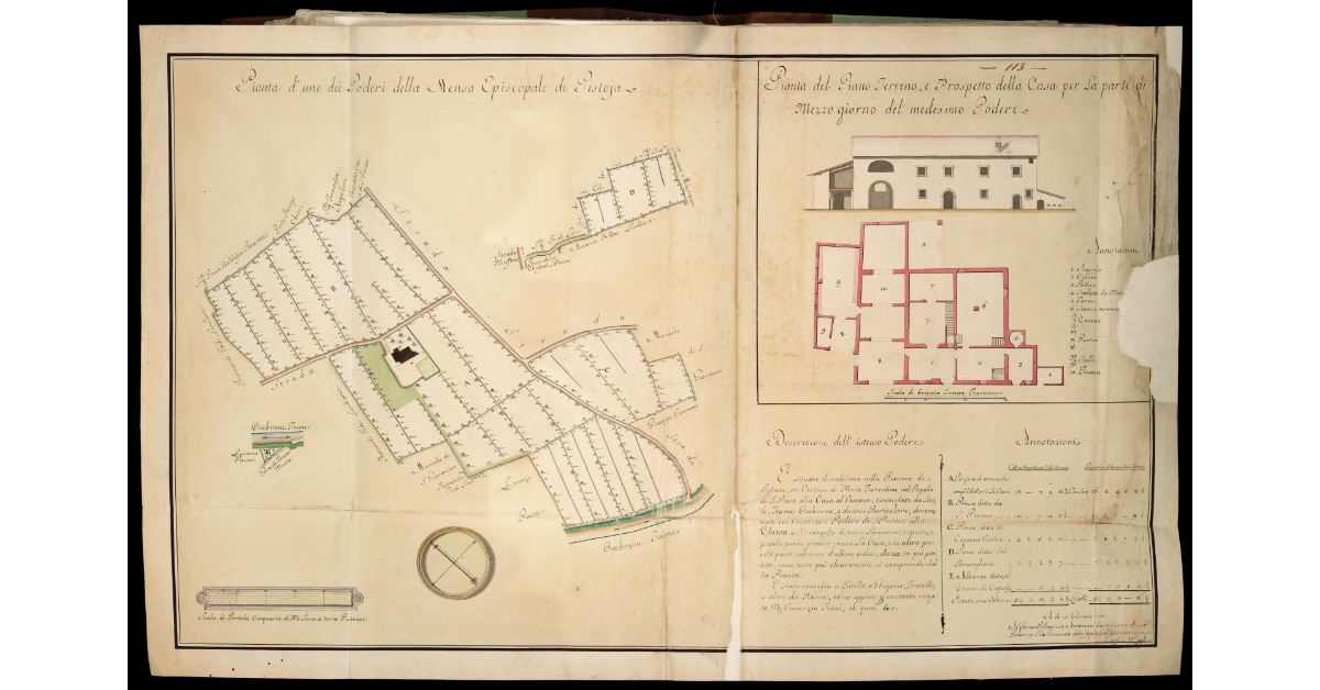 Pianta d'uno dei Poderi della Mensa Episcopale di Pistoia [e] Pianta del Piano terreno e Prospetto della Casa per la parte di Mezzo giorno del medesimo Podere