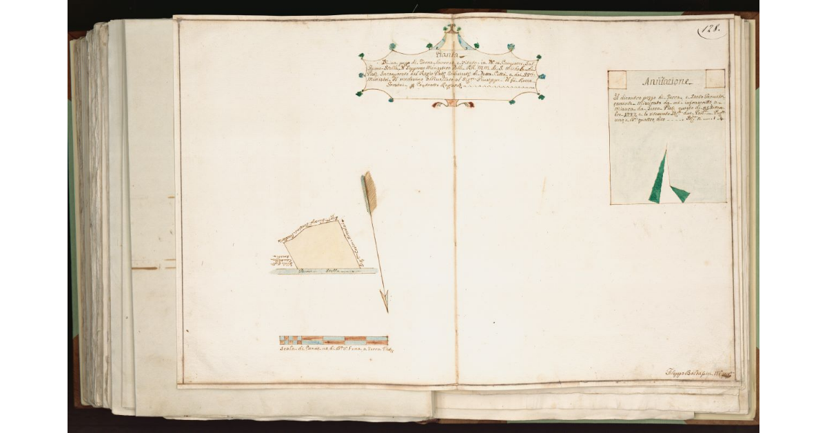 Pianta di un pezzo di terra lavorativo e vitato in l. d. ai Campacci sul Fiume Stella del soppresso Monastero delle RR. MM. di S. Michele di Pistoia incorporato nel Regio Patrimonio Ecclesiastico di detta Città [...]