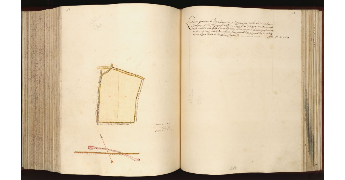 [Terra in] Com.e di S. Quirico Giovanni Battista Pini Scala di 465x740 Nord-est in alto Acquerello a colori