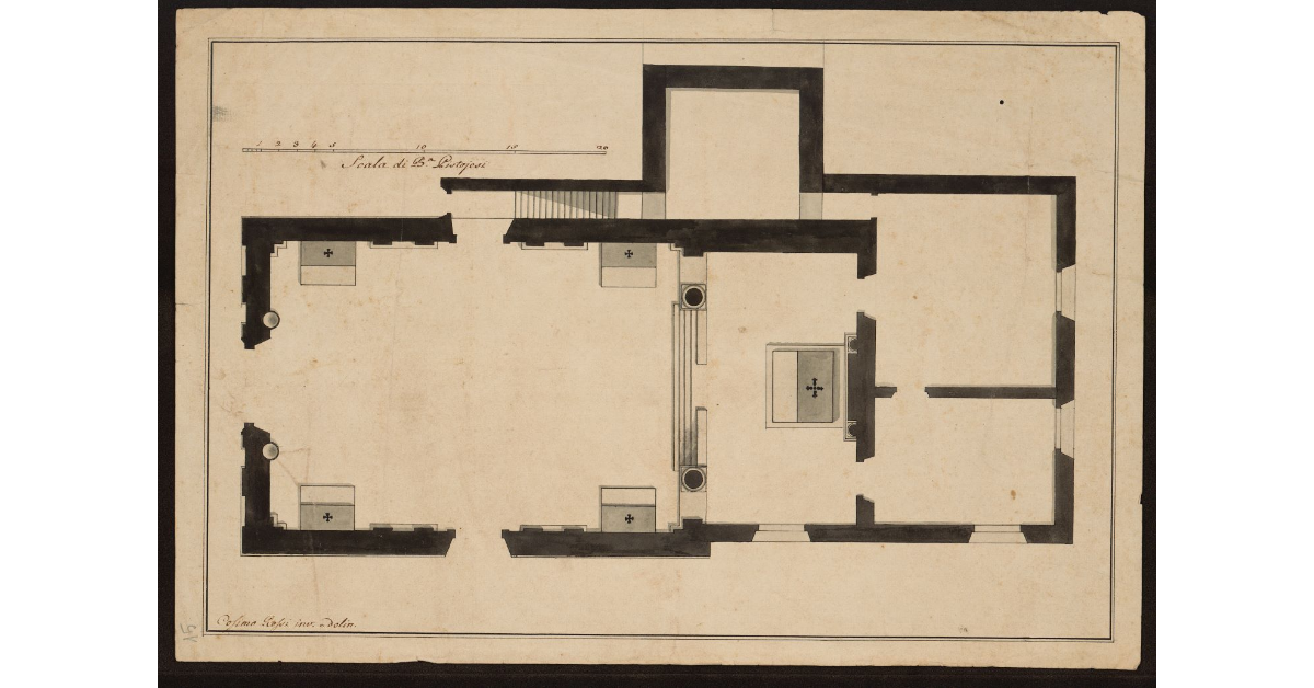 [Pianta di un'anonima chiesa a navata unica con altare centrale e quattro laterali]